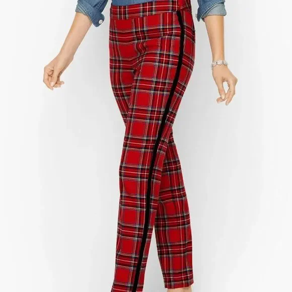NWT Talbots Red Mountain Plaid Black Velvet Stripe Slim Ankle Pant Size 12P